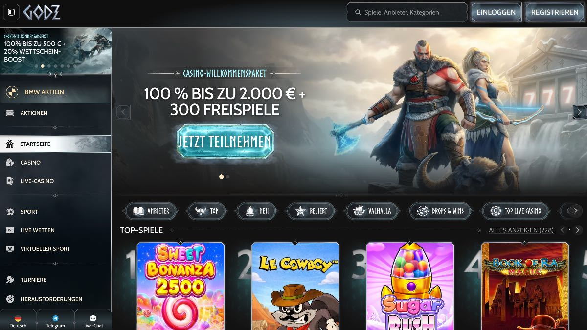 Bei Godz sucht man zwar vergeblich nach einem klassischen casino bonus ohne einzahlung, dafür punktet die Plattform mit einem extrem direkten Einstieg per mobiler Browser-Navigation. Statt eines meist stark limitierten Gratisguthabens wartet hier ein echtes Kraftpaket von 100% bis 500€ sowie 200 Freispielen auf dich, das du ganz flexibel von unterwegs ausnutzen kannst.