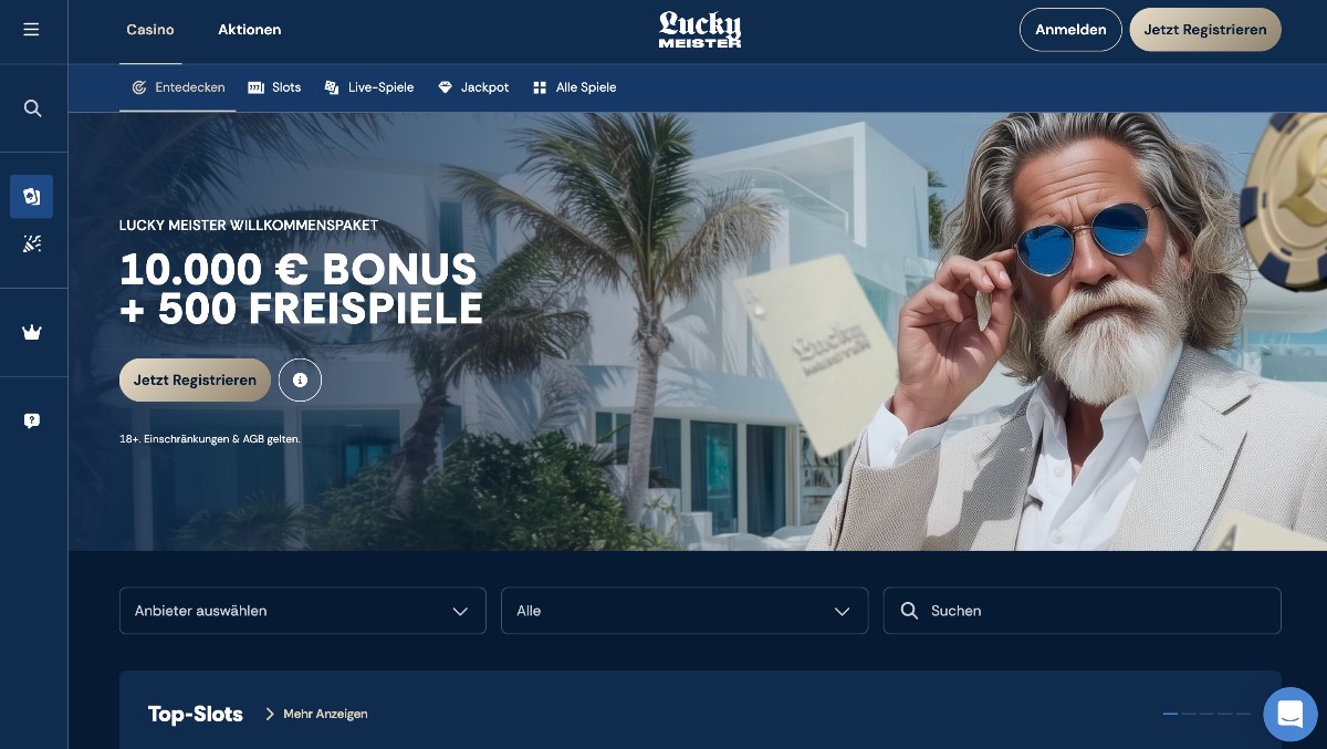 LuckyMeister verzichtet bewusst auf einen winzigen casino bonus ohne einzahlung und setzt stattdessen auf eine komplett deutschsprachige Casino-Oberfläche mit spürbarem Fokus auf Spieler aus der Region. Das reguläre Willkommensangebot von 100% bis 500€ plus 200 Freispielen bringt dir auf den verifizierungsarmen Seiten ohnehin deutlich mehr langfristige Walzen-Action.