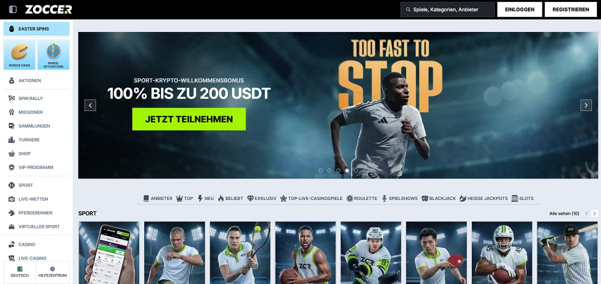 Zoccer gleicht das Fehlen eines casino bonus ohne einzahlung mit schierer Masse wieder aus. Die Plattform bietet eine gigantische Auswahl von über 9.000 Spielen unter den modernen Casino-Seiten. Damit dir bei dieser enormen Vielfalt nicht die Puste ausgeht, wirst du zum Start mit einem 100 % Match-Bonus bis zu 500 € und 200 Freispielen ausgestattet.